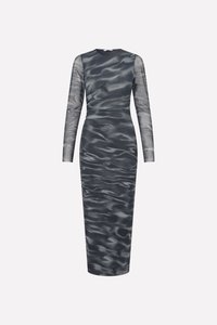 Long-sleeve dress in dark gray with a wavy pattern, featuring a fitted silhouette and smooth, textured fabric. Ideal for formal occasions.