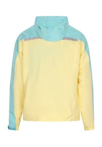 Lichtgewicht kleurvlakjas met een geel lijf, turquoise mouwen, een capuchon en reflecterende grijze accenten. Gladde, waterbestendige stof.