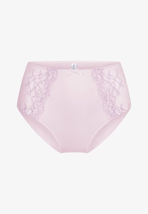 Helle rosa hochgeschnittene Unterwäsche mit Spitzenakzenten an jeder Seite in Lavendel. Glatte Textur mit einem kleinen zentralen Schleifendetail an der Vorderseite.