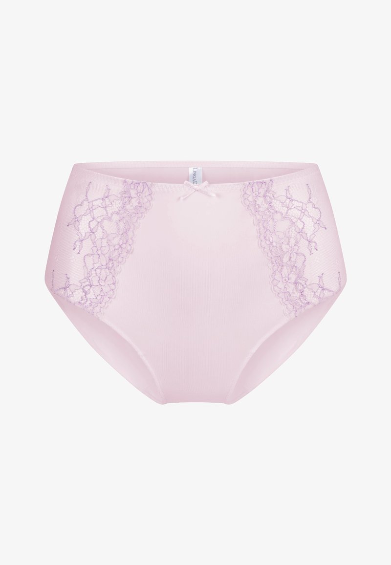 Helle rosa hochgeschnittene Unterwäsche mit Spitzenakzenten an jeder Seite in Lavendel. Glatte Textur mit einem kleinen zentralen Schleifendetail an der Vorderseite.
