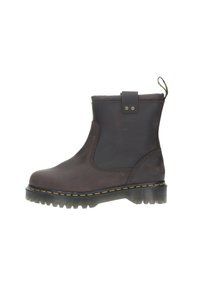 Stivale alla caviglia in pelle marrone con pannelli laterali elasticizzati, linguetta per il tallone, suola texturizzata e robusta, e cuciture gialle lungo il bordo della suola.