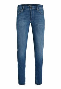 Jeans ajustados en denim azul medio, con un diseño clásico de cinco bolsillos, presillas para cinturón y una sutil textura desvaída.