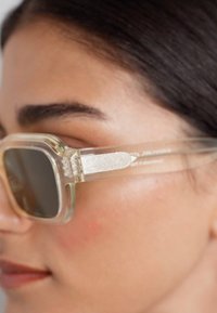 Gafas de sol transparentes de gran tamaño con lentes oscuros, que presentan un acento metálico en la patilla. Forma rectangular ligeramente redondeada.