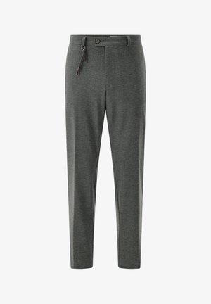 Gray trousers with a textured finish, featuring a zip fly, a button closure, and a drawstring accent at the waistband.