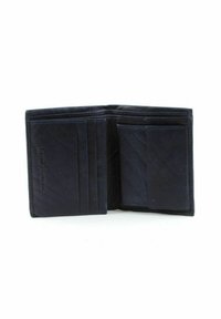 Portefeuille en cuir noir avec plusieurs emplacements pour cartes, un compartiment pour les billets et une texture lisse. L'intérieur présente un design simple sans motifs.