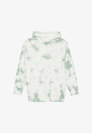 Haut à capuche blanc avec un motif tie-dye vert, à manches longues et avec une capuche. Tissu doux avec une coupe décontractée et sans quincaillerie ou accents visibles.