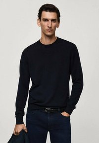 Sweater girocollo blu navy realizzato in materiale a maglia con maniche lunghe. Presenta un colletto e polsini a coste. Indossato sopra jeans scuri.
