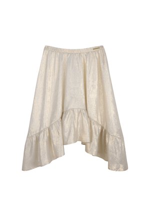 Jupe en satin couleur crème avec taille élastique et ourlet asymétrique à volants.