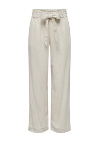 Pantalons larges en lin beige avec une taille nouée, présentant une texture douce et une coupe décontractée, idéaux pour une tenue décontractée.