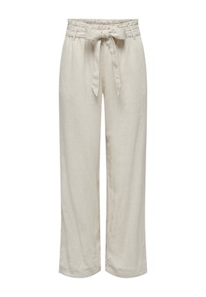 Smėlio spalvos lininės plačios kelnės su surišamu juosmeniu, turinčios minkštą tekstūrą ir laisvą siluetą, puikiai tinkančios kasdieniam dėvėjimui.