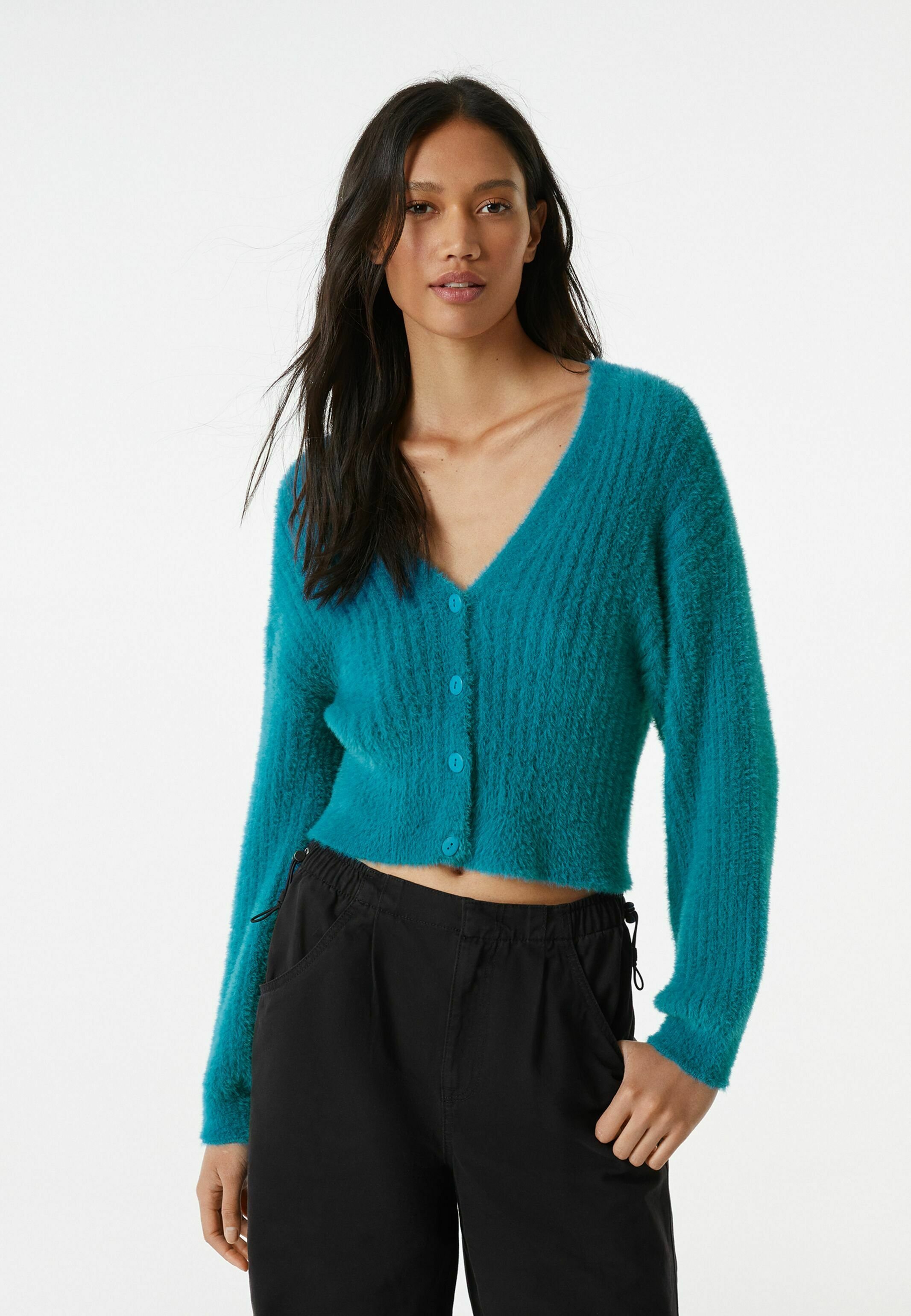 Bershka FUZZY VNECK - Cardigan - blue 