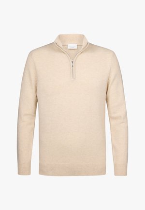 Lichtbeige trui met een kwart rits, geribde kraag en manchetten, zachte textuur en een strak design. Geschikt voor casual of gelaagde looks.