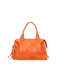 Sac de voyage en cuir de couleur orange vif avec deux poignées supérieures, des coutures robustes, une fermeture à glissière et des accents de glands sur les côtés.
