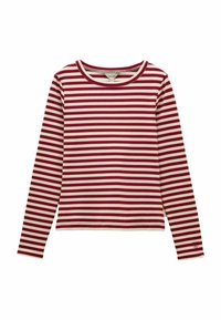 Garais piedurknēs krekls ar horizontālām sarkanas un baltas svītrām un apaļu kakla izgriezumu.