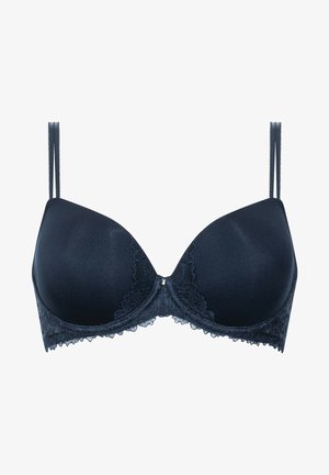 Black bra with padded cups, smooth fabric, lace trim at the edges, adjustable straps, and a small decorative detail at the center front.