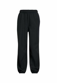 Svarta träningsbyxor med elastiskt midjeband, tapered cuffs och mjukt, lätt material. Slät textur, inga synliga mönster eller metalldelar.