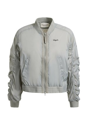 Lichtgrijze bomberjack met ritssluiting aan de voorkant, gerimpelde mouwen, twee steekzakken met drukknopen, geribde kraag, manchetten en het "Khujo Co"-logo op de borst.