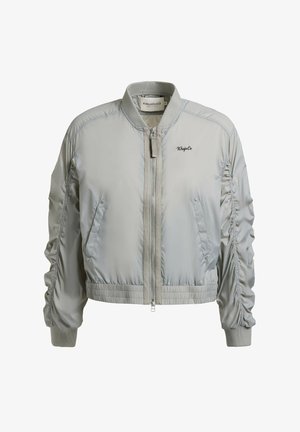 Light gray bomber jacket with front zipper, ruched sleeves, two snap-button pockets, ribbed collar, cuffs, and "Khujo Co" logo on chest.