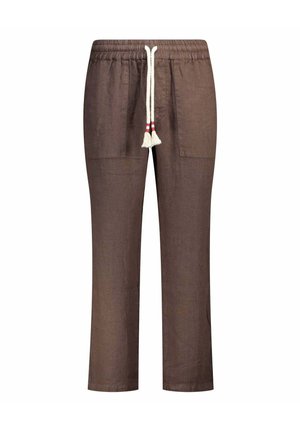 Pantaloni casual marroni in lino con vita elasticizzata e coulisse bianca con righe rosse, tasche applicate frontali e gambe dritte.