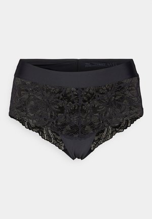 Black high-waisted briefs with lace detailing. Features a smooth waistband and floral lace pattern across the front and back hem.