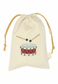 Kraftig hørpose i creme med rød og blå trommebroderi, der har beige trommestikker og grønne detaljer, tekstureret stof.
