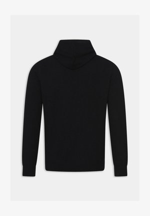 Zwart hoodie met lange mouwen, een strak ontwerp en een zachte textuur, zonder zichtbare merklogo's of patronen.