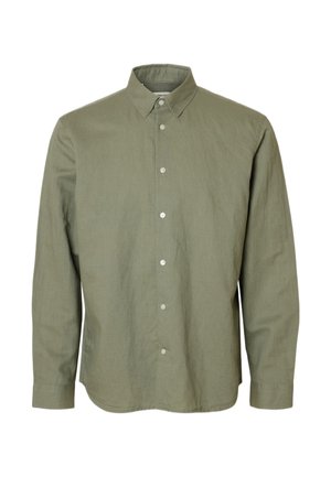 Heren overhemd met lange mouwen in olijfgroen, voorzien van een puntige kraag en witte knopen aan de voorkant.