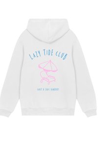 White hoodie featuring pastel blue and pink graphics. The design includes "LAZY TIDE CLUB" text and a chair under an umbrella.