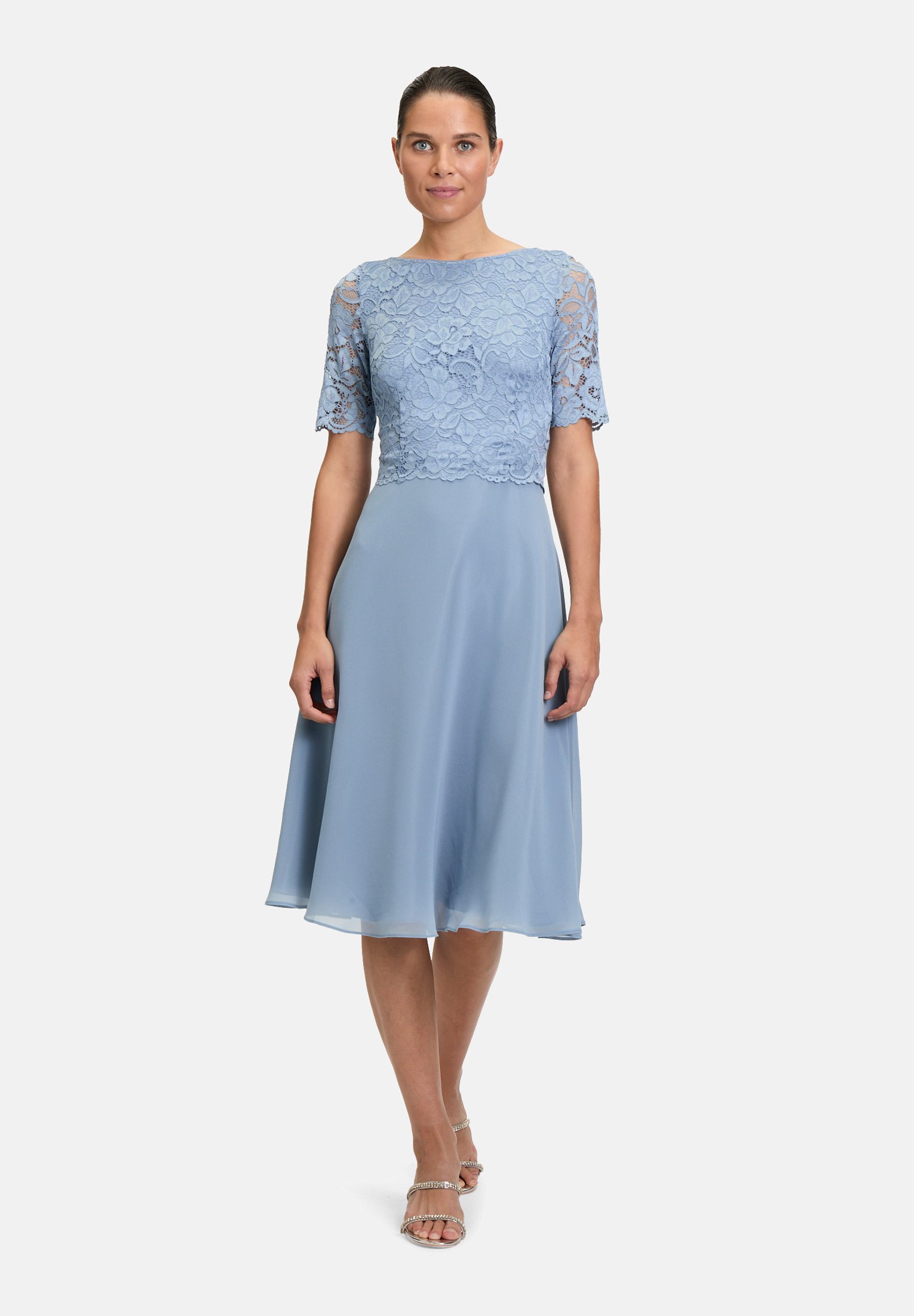steel blue dress with sleeves Ruffles Sleeves Satin Midi Bridesmaid Dresses – Lisposa