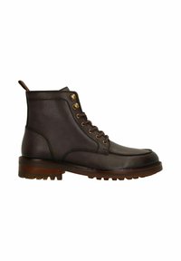 Kastanjebruine leren enkelboot met een gestructureerde afwerking, ronde neus en vetersluiting. Bevat gouden oogjes en een gekartelde rubberen zool.