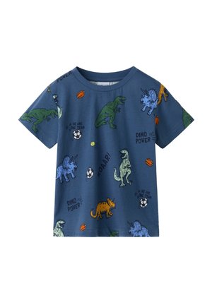 Blauw kinder-T-shirt met korte mouwen met kleurrijke dinosaurus- en sportbalafbeeldingen en tekst met "Dino Power", "Roaar!" en "We Are One Team".