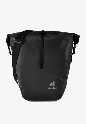 Sac bandoulière noir imperméable avec bandoulière réglable, fermeture roll-top et logo de la marque "deuter" en bas devant.