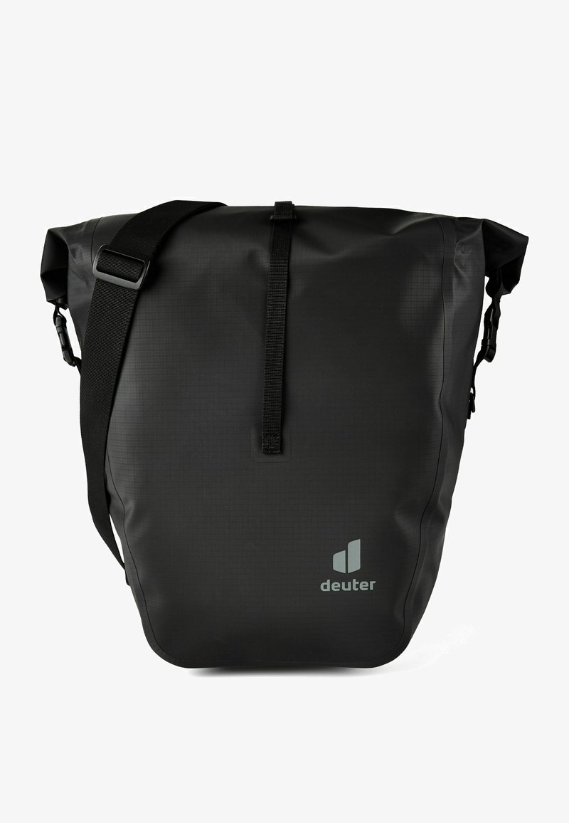 Sac bandoulière noir imperméable avec bandoulière réglable, fermeture roll-top et logo de la marque "deuter" en bas devant.