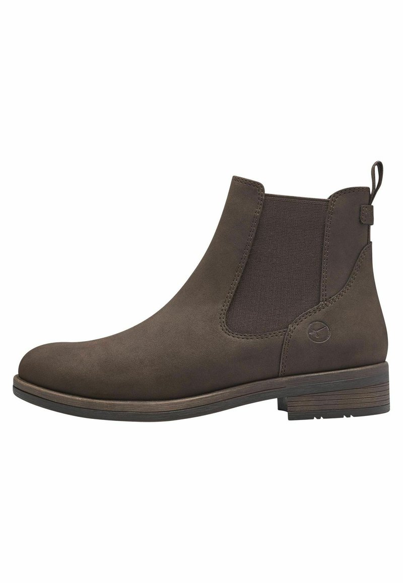 Bottines en cuir marron avec des panneaux élastiques sur les côtés, bout rond et un petit talon empilé. Présente un logo discret sur le côté.
