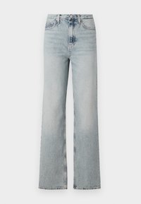 Kõrgvöödiline helesinine denim teksapüksid, millel on lai jalgade siluett, viis taskut ja kanga ääres kerge pleekimine.