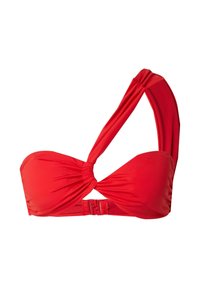Rode bikini-top met één schouder, voorzien van een gedraaide voorkant, een gladde stof, verstelbare rugband en een naadloze afwerking.