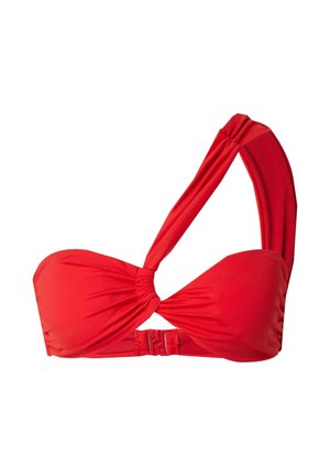 Rotes Bikini-Oberteil mit einem Schulterträger, das über ein verdrehtes Vorderdesign, glattes Material, einen verstellbaren Rückenträger und eine nahtlose Verarbeitung verfügt.