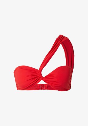 Rotes Bikini-Oberteil mit einem Schulterträger, das über ein verdrehtes Vorderdesign, glattes Material, einen verstellbaren Rückenträger und eine nahtlose Verarbeitung verfügt.