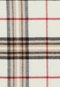 Tkany materiał w kratę o białym tle, z czarnymi, czerwonymi i beżowymi liniami tworzącymi klasyczny wzór kratki z delikatną teksturą.