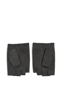 Gray fingerless gloves made of textured fabric, featuring a reinforced thumb, open fingers, and raw-edge detailing at the wrist.