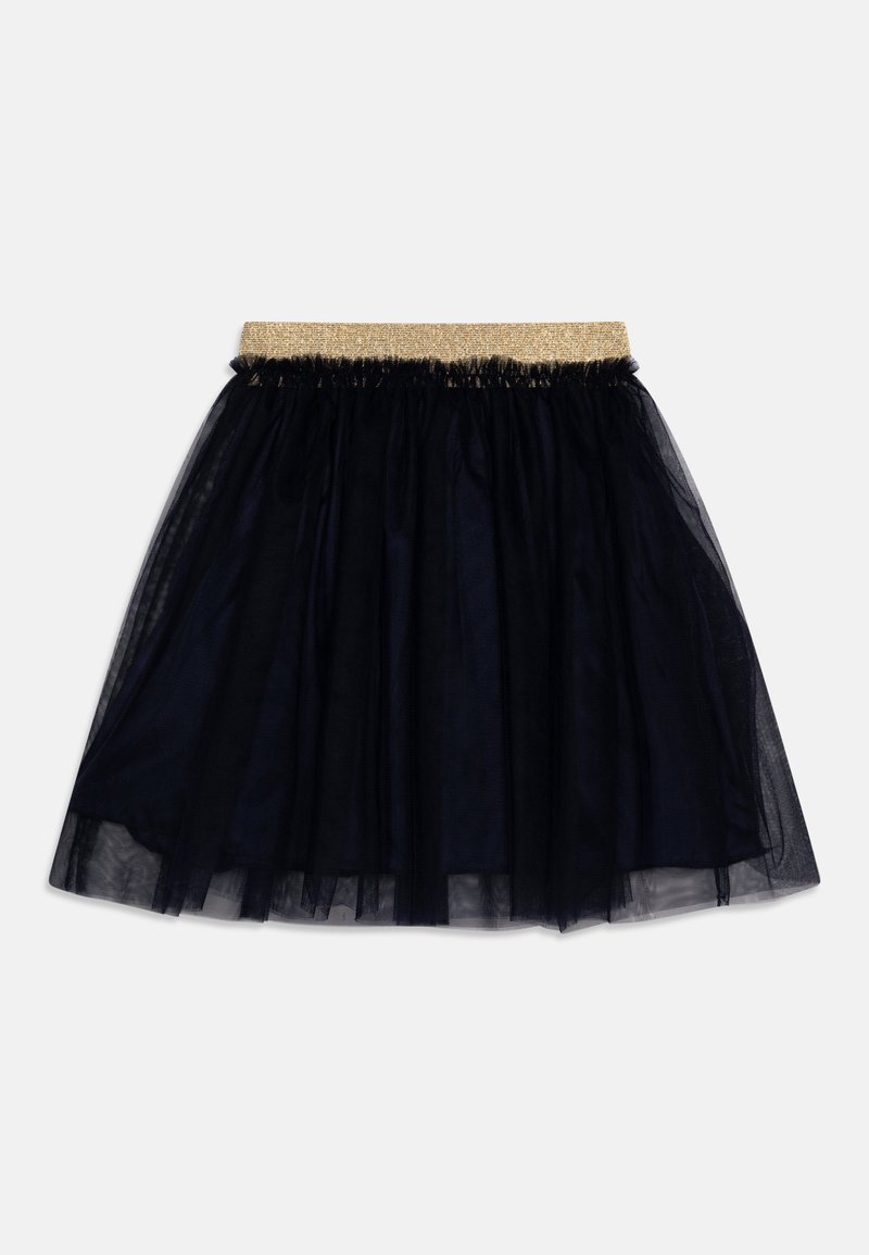 Mørkeblå tulle-skørt med guld elastisk talje. Har et lagdelt design og en blød tekstur for et let og luftigt udseende.