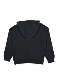 Felpa nera con cappuccio e maniche lunghe, polsini e orlo a coste. Tessuto morbido, design semplice, senza motivi visibili o dettagli in metallo.