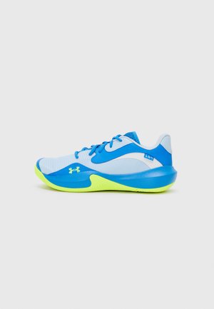 Blue and light blue athletic shoe with a breathable mesh upper, neon green outsole, and a textured heel for stability. Laces and logo detail.