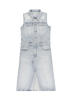 Vestito in denim azzurro chiaro senza maniche con colletto, chiusura frontale con bottoni, tasche sul petto, passanti per cintura e spacco frontale sull'orlo.