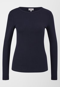 Marineblauwe longsleeve shirt gemaakt van gladde, rekbare katoen. Heeft een ronde halslijn en een getailleerde snit met een eenvoudig, effen kleurontwerp.