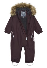 Burgundy barnklädesoverall med huva som har syntetisk päls, dragkedja fram, två sidofickor och elastiska muddar. Mjuk textur och fodrad insida.