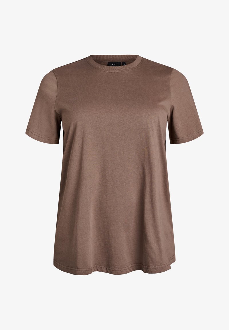 Hnědé tričko s krátkým rukávem vyrobené z měkké tkaniny, s klasickým kulatým výstřihem a volným střihem. Jednoduchý design bez vzorů nebo akcentů.