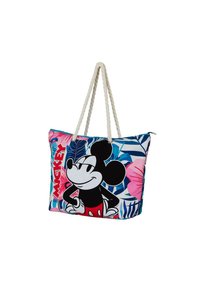 Bolsa de tela con estampado floral azul que presenta una gran impresión de Mickey Mouse. Asa de cuerda; colores vibrantes que incluyen rosa, verde y acentos en negro.