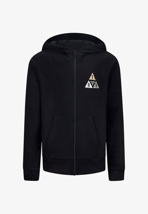 Czarna bluza z kapturem na zamek z przednimi kieszeniami i małym trójkątnym logo na piersi, na którym widnieje napis "The Denim Vibe '89" oraz litery T, R, R.