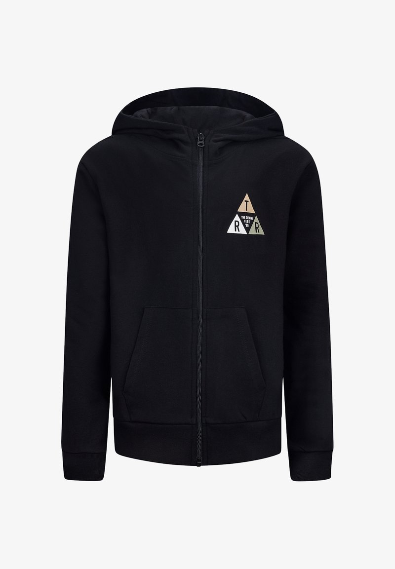 Haut de veste zippé noir avec poches avant et un petit logo triangulaire sur la poitrine portant l'inscription "The Denim Vibe '89" et les lettres T, R, R.